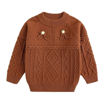 Arilas Brown Knit Baby Sweater with Flowers